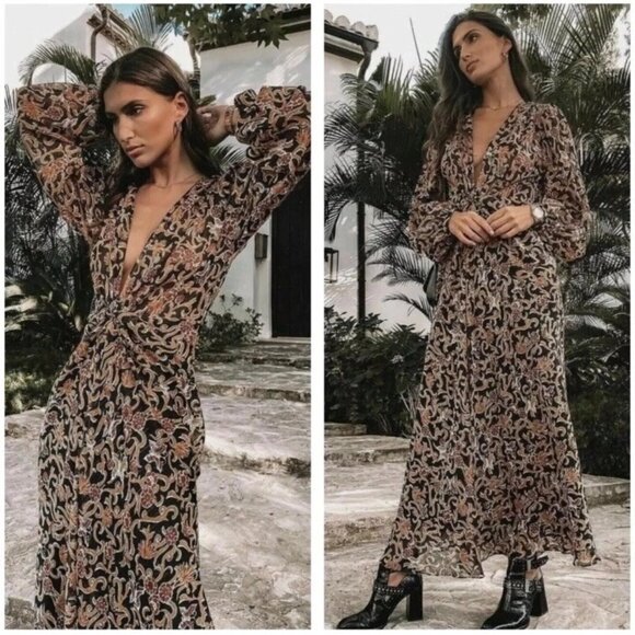 Zara Trinny Printed Knot Front Maxi Dress Balloon Sleeves Sz S - Picture 1 of 11